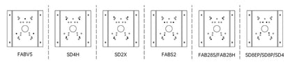 Technisch overzicht van Foscam FABCB1 hoekbeugel montagepatronen voor diverse PTZ-camera's en lasdozen.