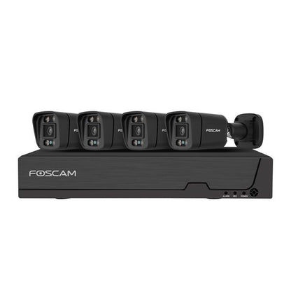 Zwarte Foscam 5MP PoE NVR-set met vier bullet camera's en 2TB harde schijf voor buitenbeveiliging.