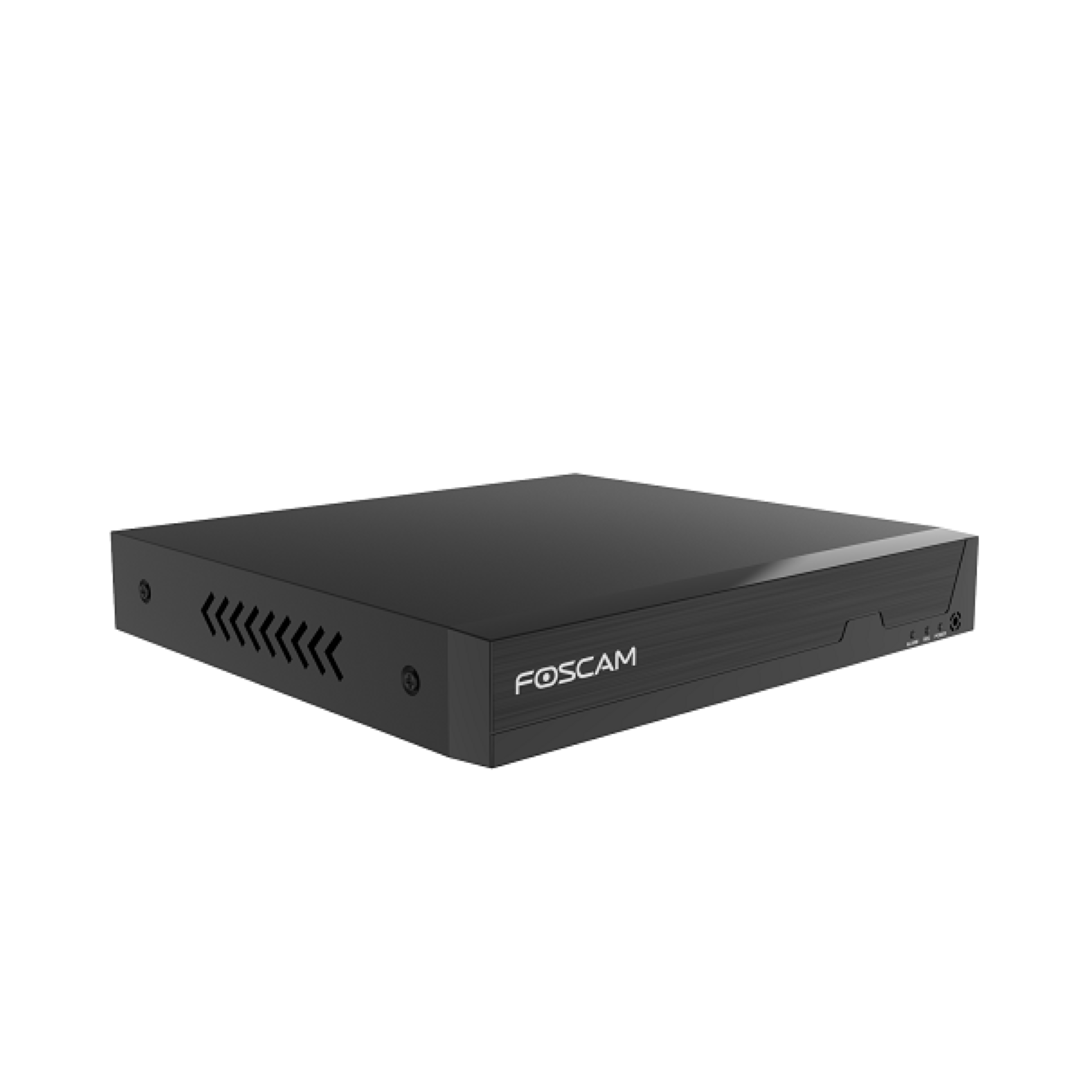 Zwarte Foscam PoE NVR-recorder met strak design en ventilatieopeningen aan de zijkant voor camerabeveiliging.