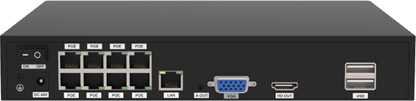 Zwarte Foscam NVR achterkant met acht PoE-poorten, LAN, VGA, HDMI en USB-aansluitingen voor camerabewaking.