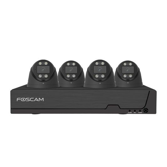 Zwarte Foscam 5MP PoE NVR-set met vier compacte turret-beveiligingscamera's en 2TB opslag.