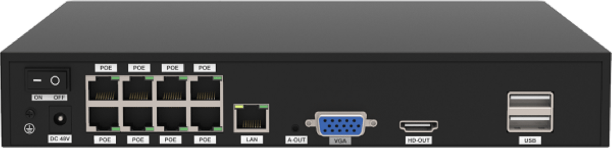 Zwarte Foscam PoE NVR achterkant met acht Ethernet-poorten, VGA, HDMI, USB en stroomaansluiting voor bewakingscamera's.