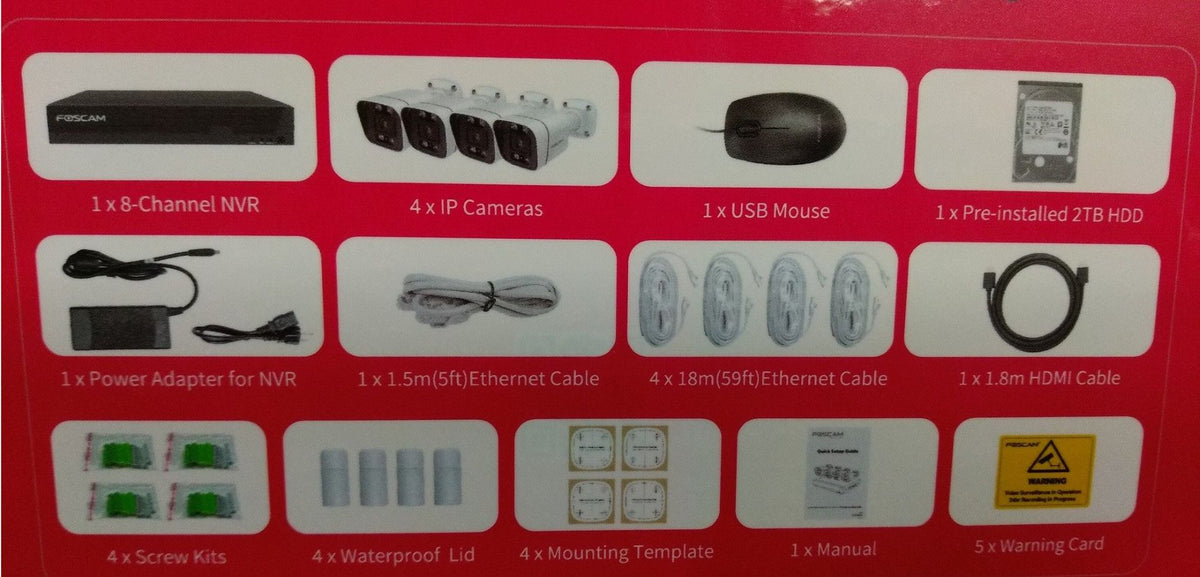 Foscam 4K PoE bewakingsset met 8-kanaals NVR, 4 bullet camera's, 2TB harde schijf, kabels en installatieaccessoires.