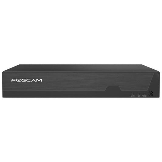 Zwarte Foscam FNA216H 16-kanaals 4K NVR recorder met strak metalen design en statusindicatielampjes aan de voorzijde.