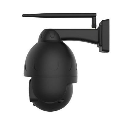 Zwarte Foscam SD4 outdoor PTZ-beveiligingscamera met 4x optische zoom, WiFi-antenne en weerbestendige wandbevestiging.