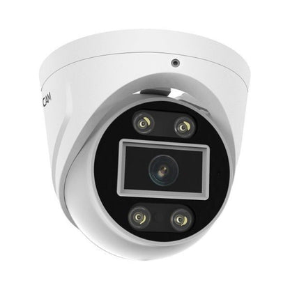 Witte Foscam T5EP 5MP PoE turret beveiligingscamera met spotlight en infrarood nachtzicht voor buiten.