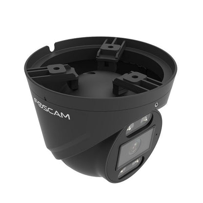 Zwarte Foscam T5EP PoE turret beveiligingscamera met spotlight en 5MP lens voor buitenmontage.