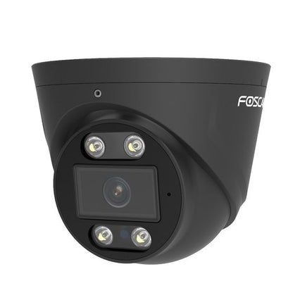 Zwarte Foscam T5EP 5MP PoE turret beveiligingscamera met spotlight en infrarood nachtzicht.