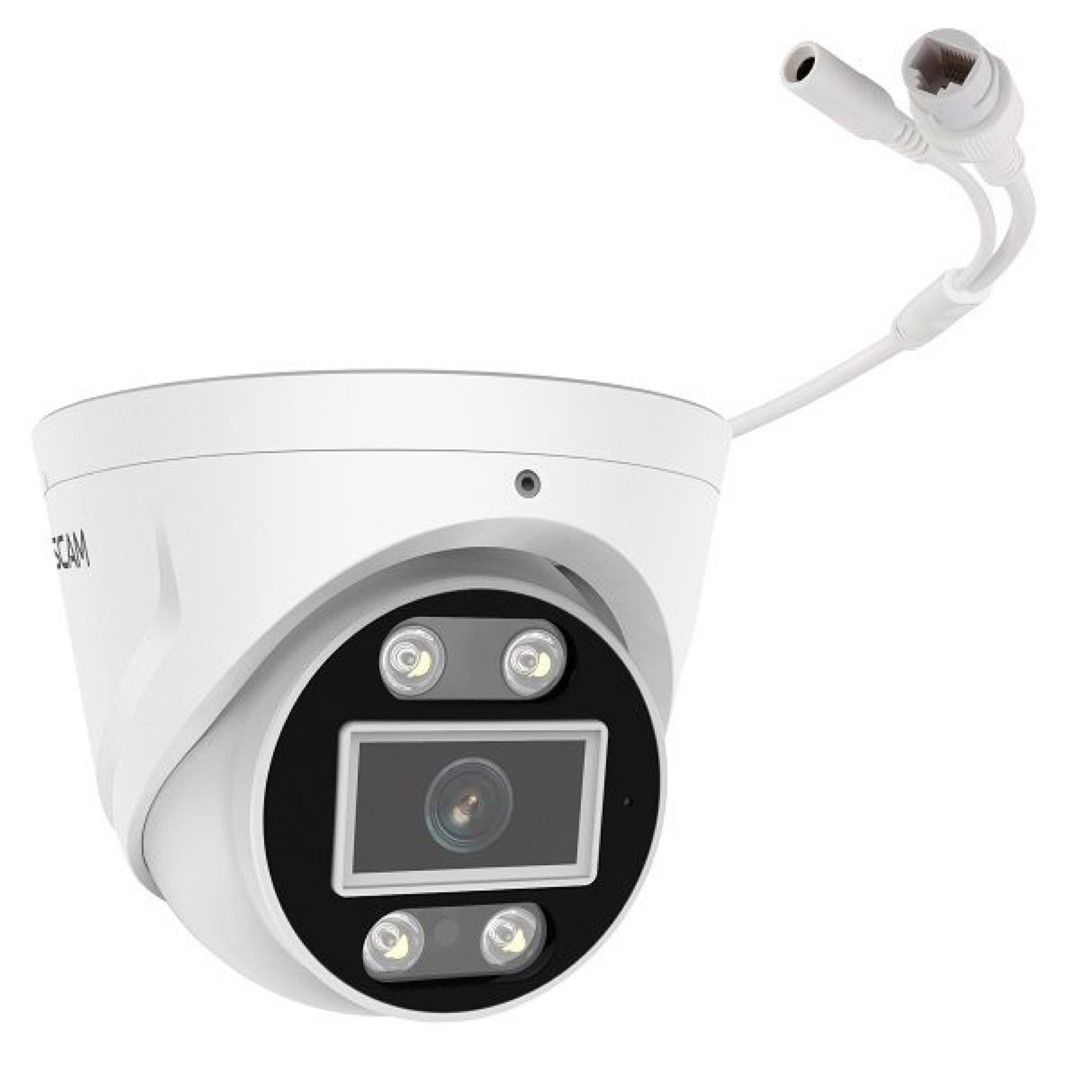 Witte Foscam T8EP 8MP 4K PoE turret beveiligingscamera met spotlight en bekabeling voor buiten.
