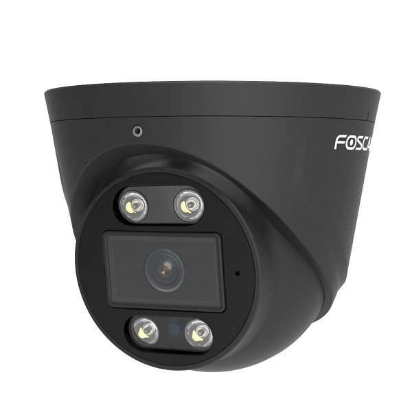Zwarte Foscam T8EP 8MP 4K PoE turret beveiligingscamera met spotlight en IR-nachtzicht voor buiten.