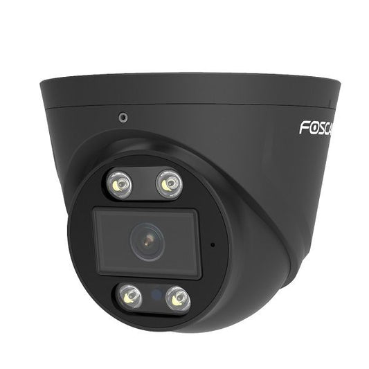 Zwarte Foscam T8EP 8MP 4K PoE turret beveiligingscamera met spotlight en IR-nachtzicht voor buiten.