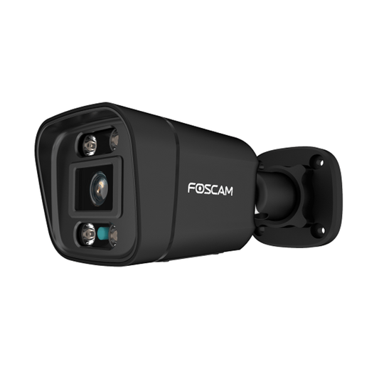 Zwarte Foscam V8EP 8MP PoE bullet beveiligingscamera met spotlight en infrarood nachtzicht voor buiten.