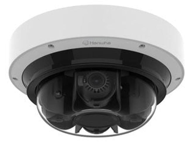 Witte Hanwha 16MP panoramische quad-lens domecamera met 360-graden zicht en zwarte koepel.