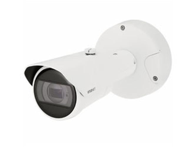 Witte Hanwha XNO-C7083R outdoor bullet beveiligingscamera met varifocale lens en ronde muurbevestiging.