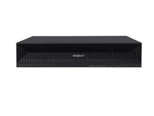 Zwarte Hanwha XRN-1620SB1 16-kanaals NVR netwerk videorecorder in een compact 1U rackformaat behuizing.