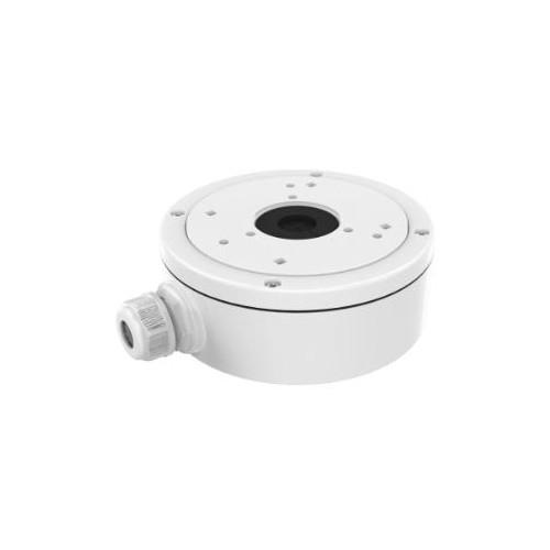 Witte Hikvision DS-1280ZJ-S aluminium aansluitdoos voor dome camera's met kabelwartel voor nette kabelafwerking.