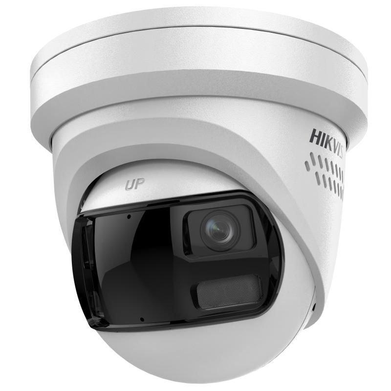 Witte Hikvision DS-2CD2343G2P-LISU/SL panoramische 180° turretcamera met twee lenzen.
