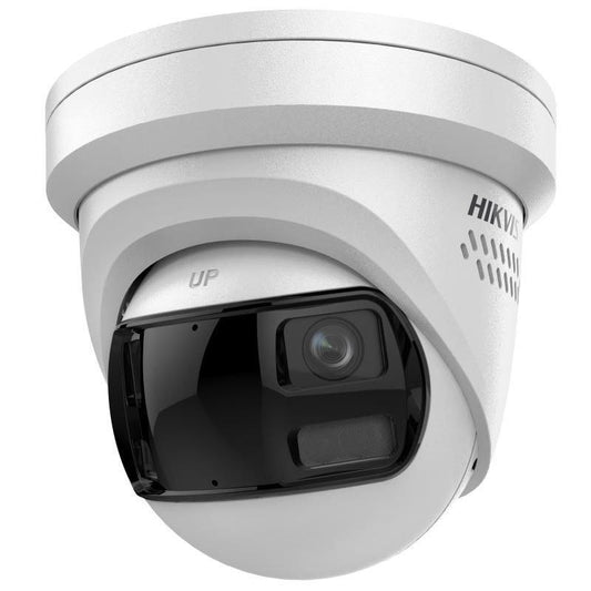 Witte Hikvision DS-2CD2343G2P-LISU/SL panoramische 180° turretcamera met twee lenzen.