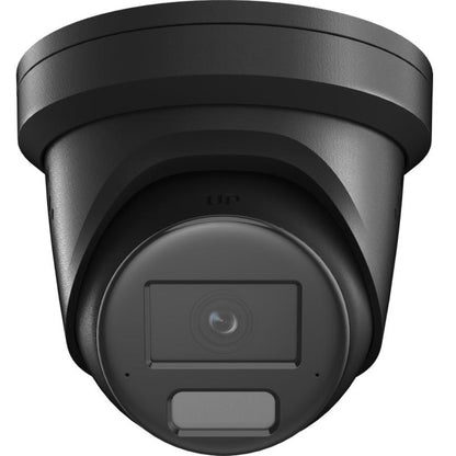 Zwarte Hikvision 4MP AcuSense turret beveiligingscamera met 2.8mm lens en actieve afschrikking.