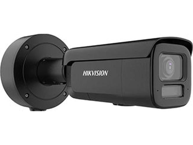 Zwarte Hikvision ColorVu G3 bullet IP-camera met varifocale lens en robuuste wandmontagebeugel.