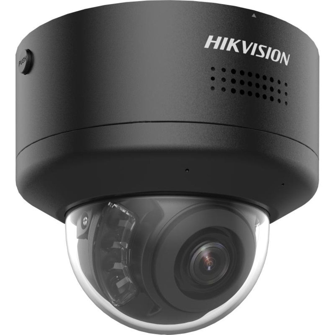 Zwarte Hikvision 4MP ColorVu PTZ mini dome IP-camera met varifocale lens en ingebouwde luidspreker.