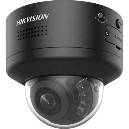 Zwarte Hikvision 4MP ColorVu PTZ mini dome-camera met varifocale lens en actieve afschrikking.