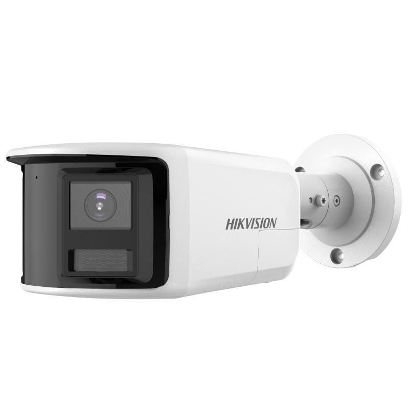 Witte Hikvision DS-2CD2T43G2P-LISU/SL panoramische 180° bulletcamera met twee lenzen en muurbeugel.