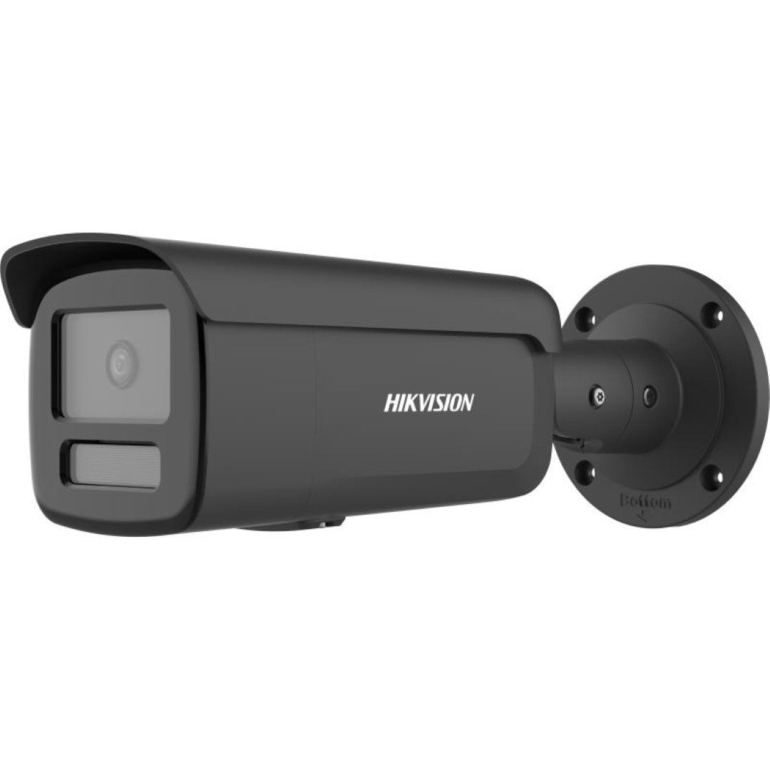Zwarte Hikvision 4MP bullet beveiligingscamera met vaste lens en muurbeugel voor buiten.