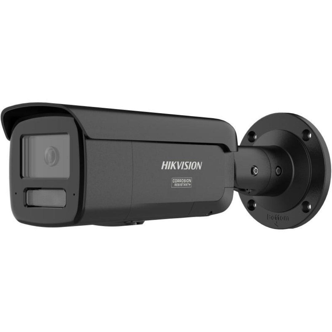 Matte zwarte Hikvision ColorVu bullet camera met NEMA4X anti-corrosie behuizing en actieve stroboscoop.