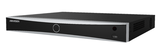 Zwarte Hikvision 8-kanaals AcuSense NVR met zilveren rand en USB-poort aan de voorzijde.