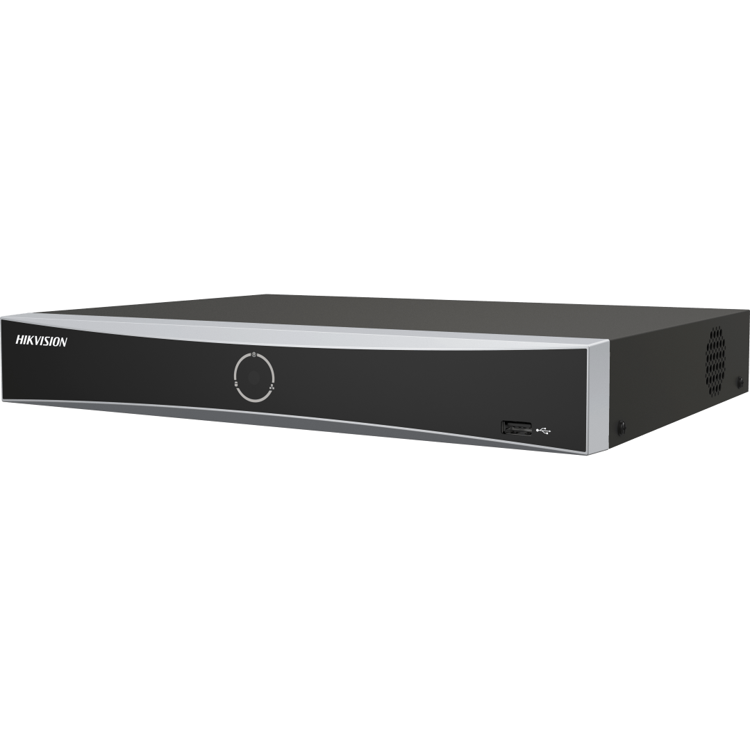 Zwarte Hikvision DS-7608NXI-K1/8P AcuSense NVR met strak design, USB-poort en statuslampje aan de voorzijde.