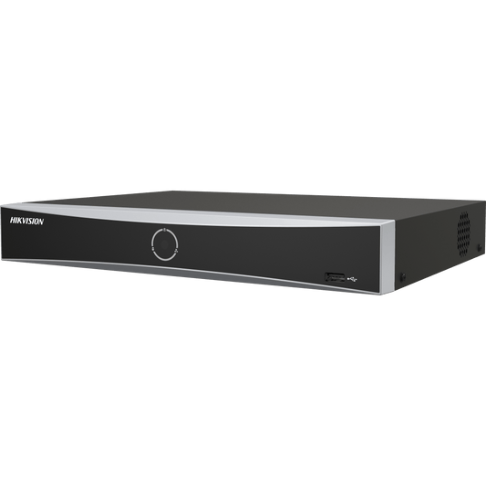Zwarte Hikvision DS-7608NXI-K1/8P AcuSense NVR met strak design, USB-poort en statuslampje aan de voorzijde.