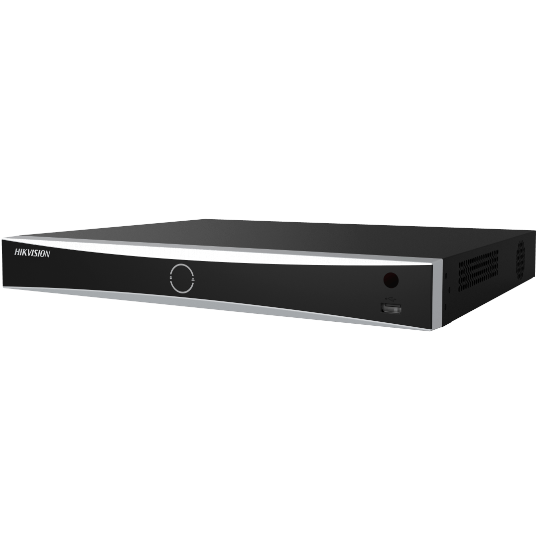 Zwarte Hikvision 8-kanaals AcuSense NVR met strak metalen design en USB-poort aan de voorzijde.