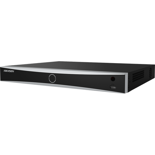 Zwarte Hikvision 16-kanaals AcuSense NVR met strak metalen design, USB-poort en logo op het voorpaneel.