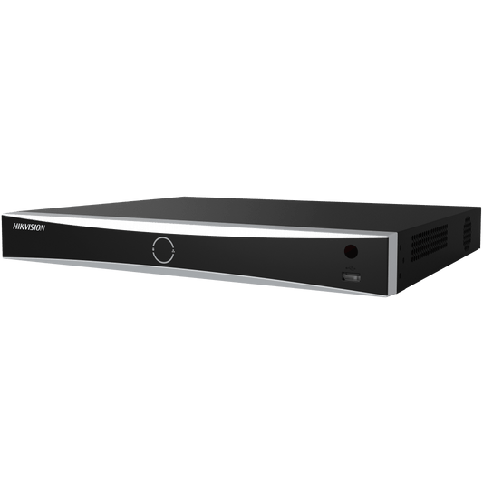 Zwarte Hikvision 16-kanaals AcuSense NVR met strak design, USB-poort en ventilatieopeningen aan de zijkant.
