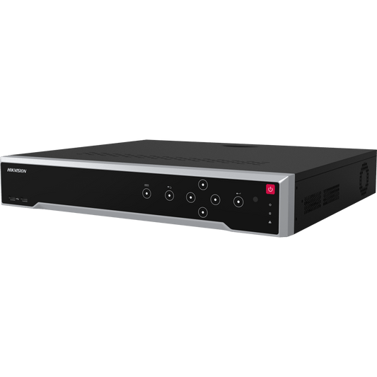 Zwarte Hikvision 16-kanaals Ultra NVR met zilveren rand, bedieningspaneel en USB-poort aan de voorzijde.