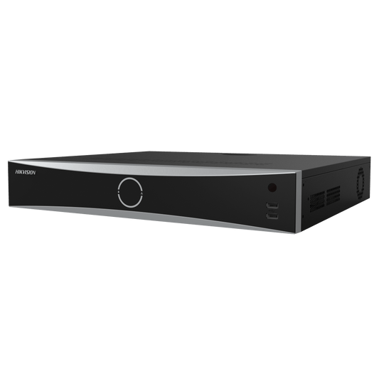Zwarte Hikvision DS-7716NXI-K4 16-kanaals AcuSense NVR met strak design en USB-poorten aan de voorzijde.