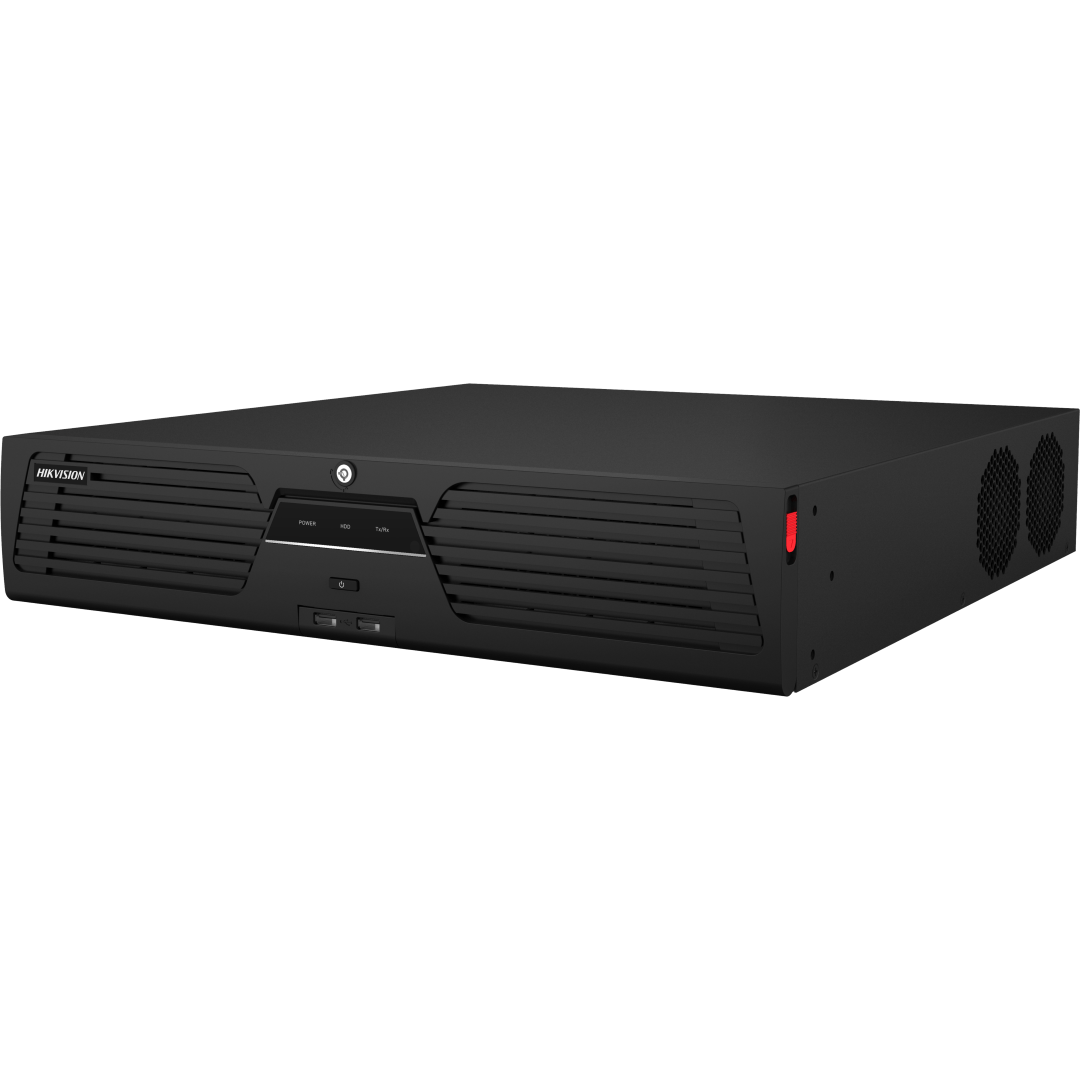 Zwarte Hikvision DS-9664NI-M8 enterprise NVR met 8 HDD-bays en ventilatieroosters in een robuuste metalen behuizing.