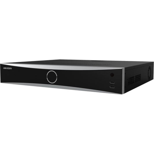 Zwarte Hikvision DeepinMind 16-kanaals NVR met strak metalen design en voorpaneel met USB-poorten.