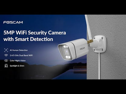 Foscam V5P | 5MP WiFi Bullet Camera | 2.8mm Vast | 90.1° | Kleur Spotlight + IR Nachtzicht | AI-detectie | Geluid+Lichtalarm | Dual-band WiFi | IP66 | Wit