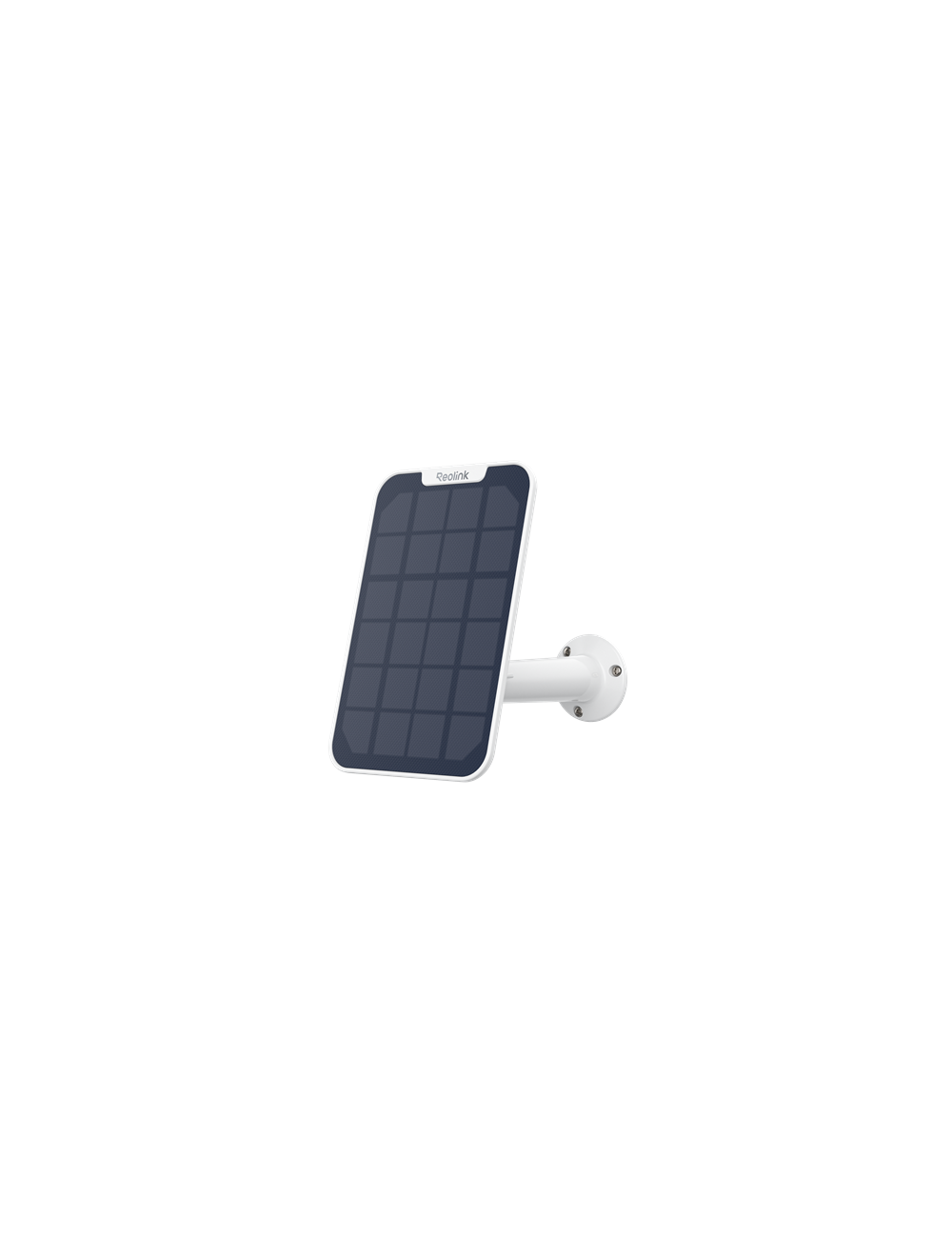 Reolink zonnepaneel met witte verstelbare muurbeugel voor draadloze beveiligingscamera's.