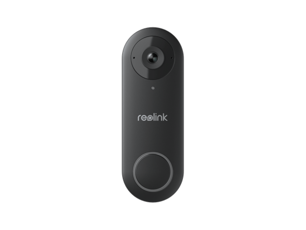 Zwarte Reolink D340P PoE video deurbel met camera, ronde belknop en strak, verticaal ovaal design.