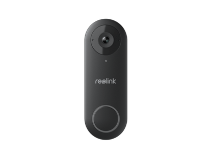 Zwarte Reolink D340P PoE video deurbel met camera, ronde belknop en strak, verticaal ovaal design.