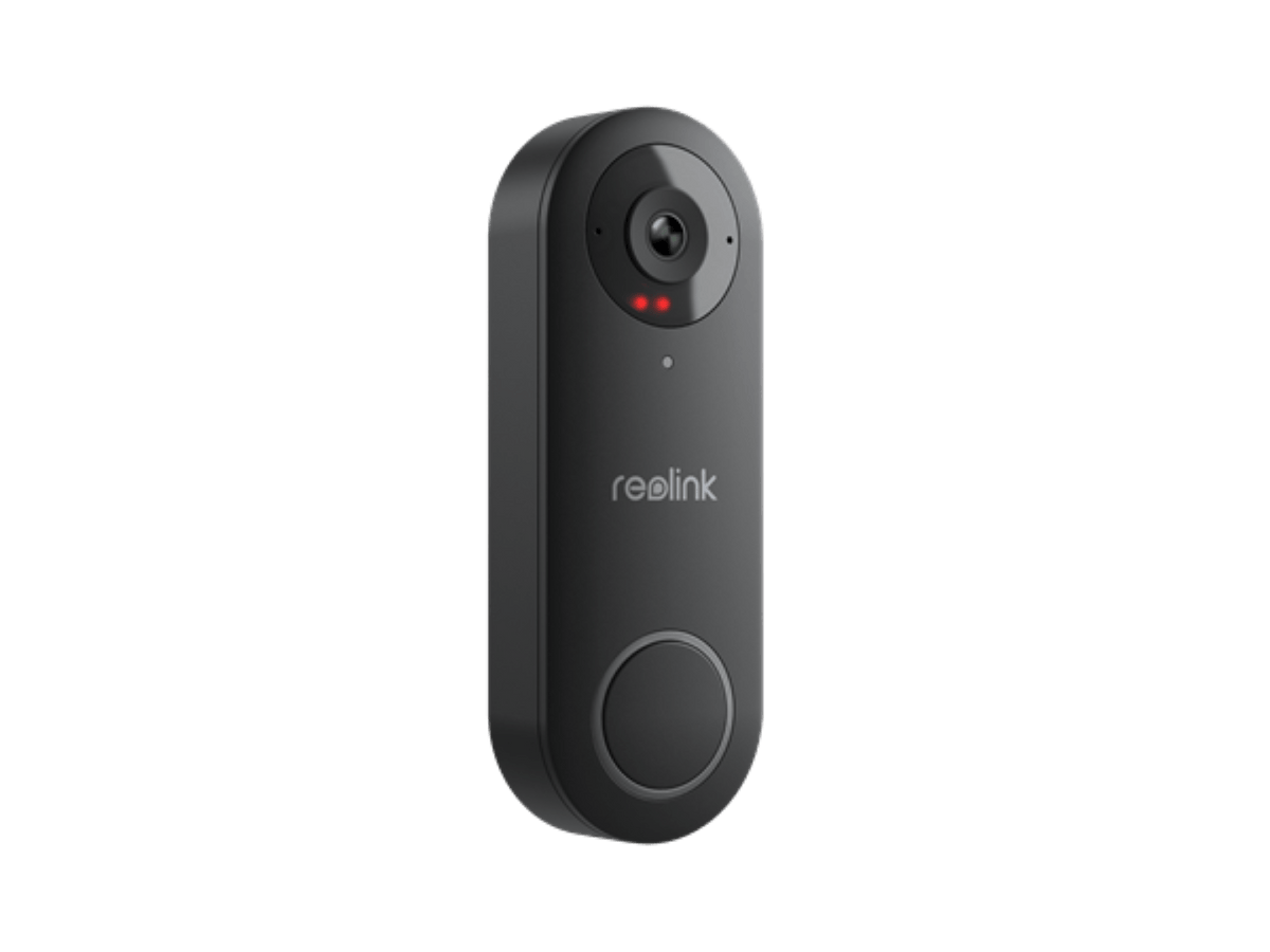Zwarte Reolink D340P PoE video deurbel met 5MP camera, IR-nachtzicht en ronde drukknop in een strak, ovaal design.