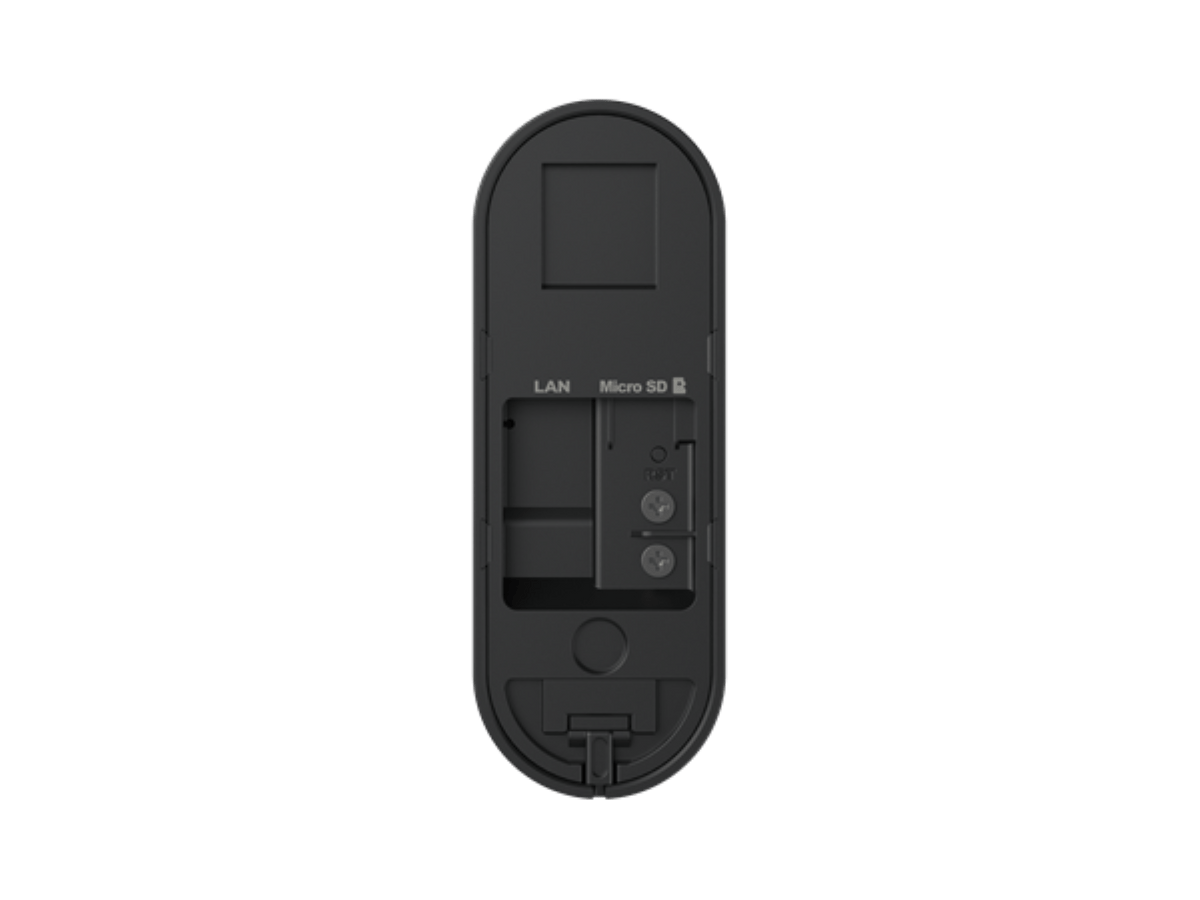 Zwarte achterkant van Reolink D340P PoE deurbel met zichtbare LAN-poort, MicroSD-slot en resetknop.