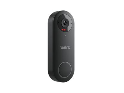 Zwarte Reolink D340W 5MP WiFi video deurbel met camera, nachtzicht en ronde drukknop in een slank, modern design.