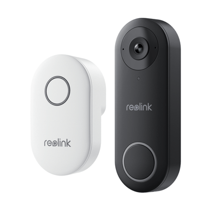 Reolink D340W 5MP WiFi video deurbel in zwart met bijbehorende witte draadloze gong.