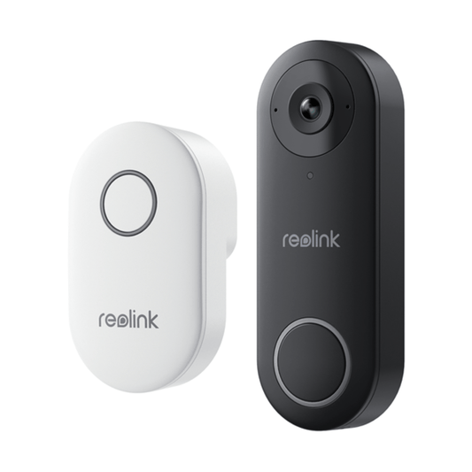 Reolink D340W 5MP WiFi video deurbel in zwart met bijbehorende witte draadloze gong.