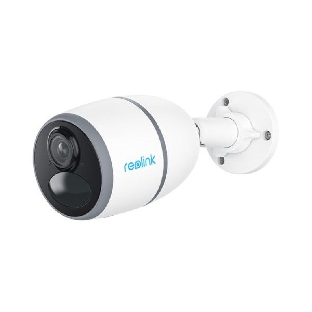 Witte Reolink Go G330 4G LTE bullet beveiligingscamera met zwarte lens en muurbevestiging op een witte achtergrond.