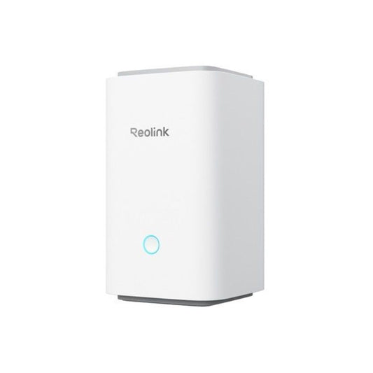 Witte Reolink Home Hub1 WiFi 6 basisstation met strak design en blauw statuslampje voor Reolink batterijcamera's.